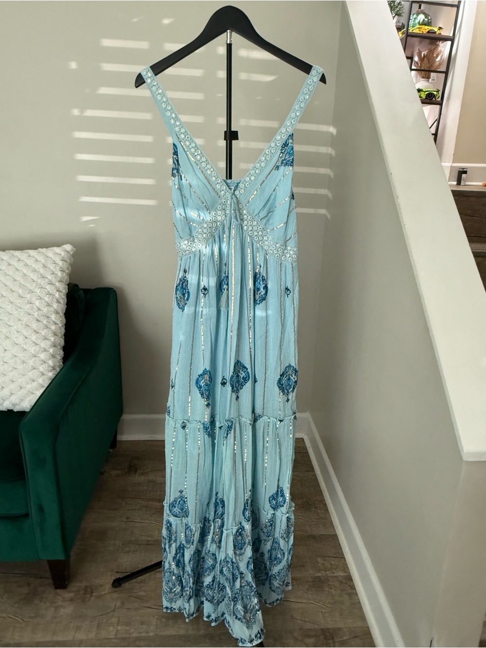 Light Blue Embellished V-Neck Maxi Dress
